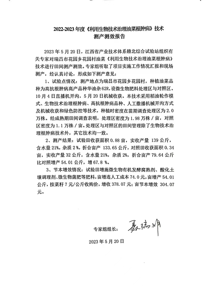 九江農(nóng)科院江滿霞2022-2023利用生物技術(shù)治理油菜根腫病測(cè)產(chǎn)測(cè)效報(bào)告。_00.jpg